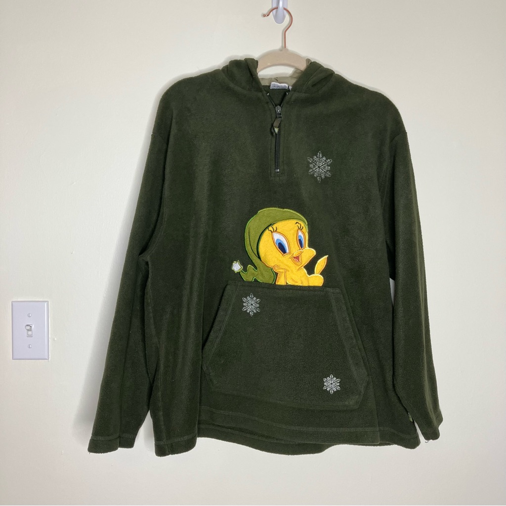 Vintage Y2k 2000s Looney Tunes Tweety Bird Holiday Fleece 1/4 Zip Hoodie Xl